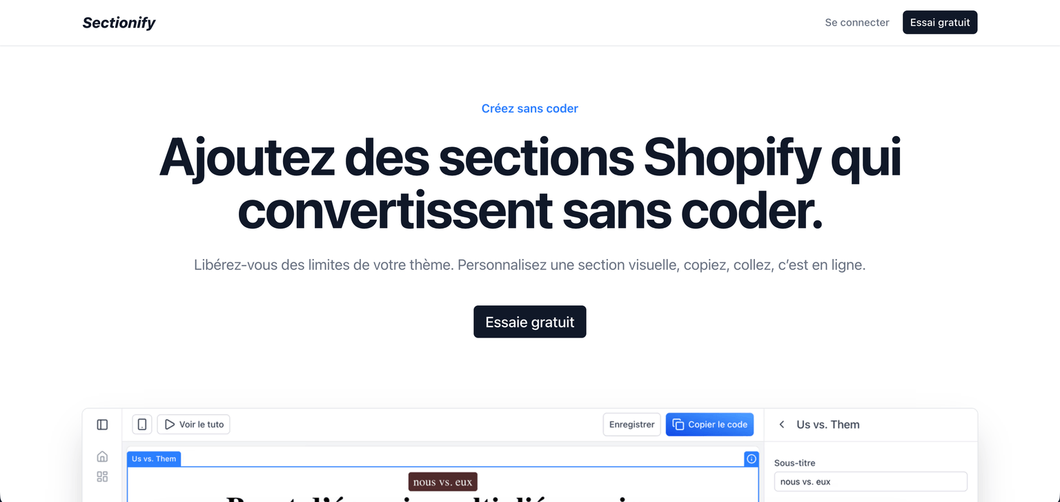 Capture d’écran du site web Sectionify – plateforme SaaS de création de sections shopify réutilisables